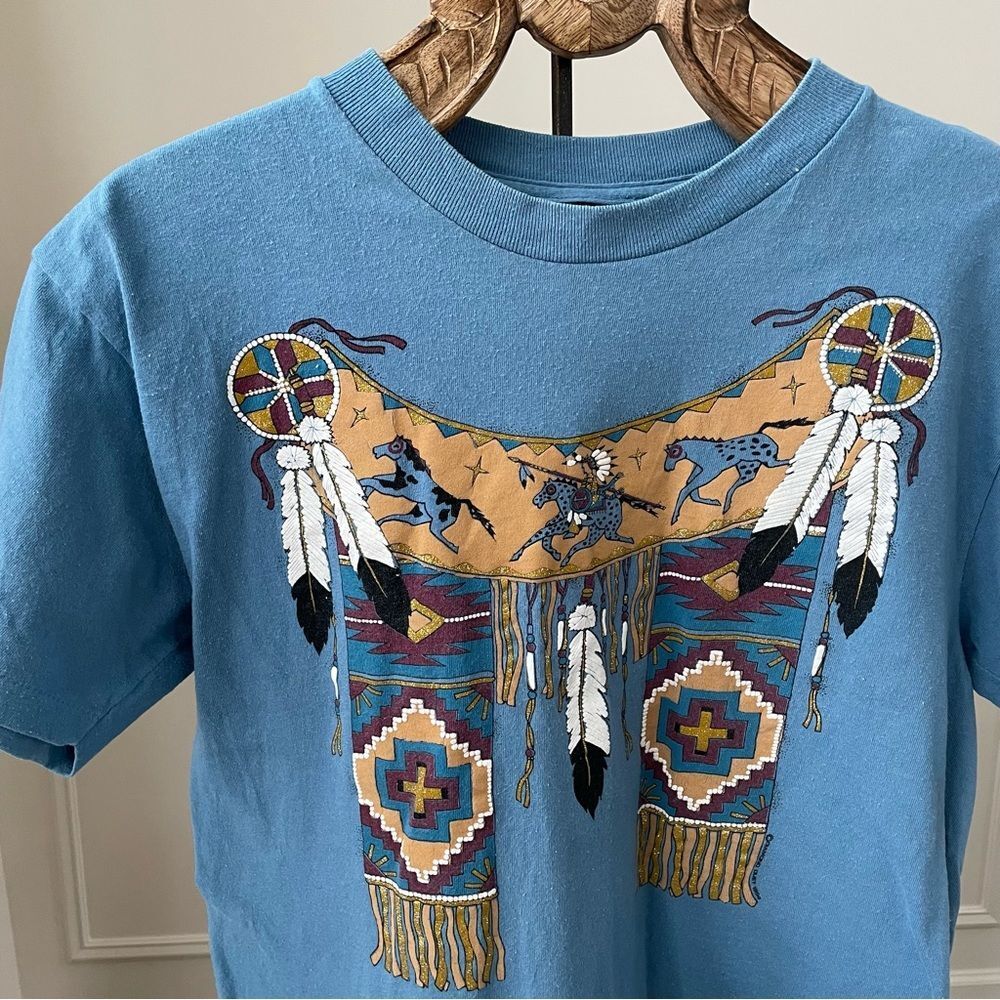 Vintage 80s Single Stitch Diamond Dust Native American Indian Horse Tshirt L